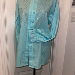 Turquoise Women Western wearable Sequin art Button shirt Sz Small